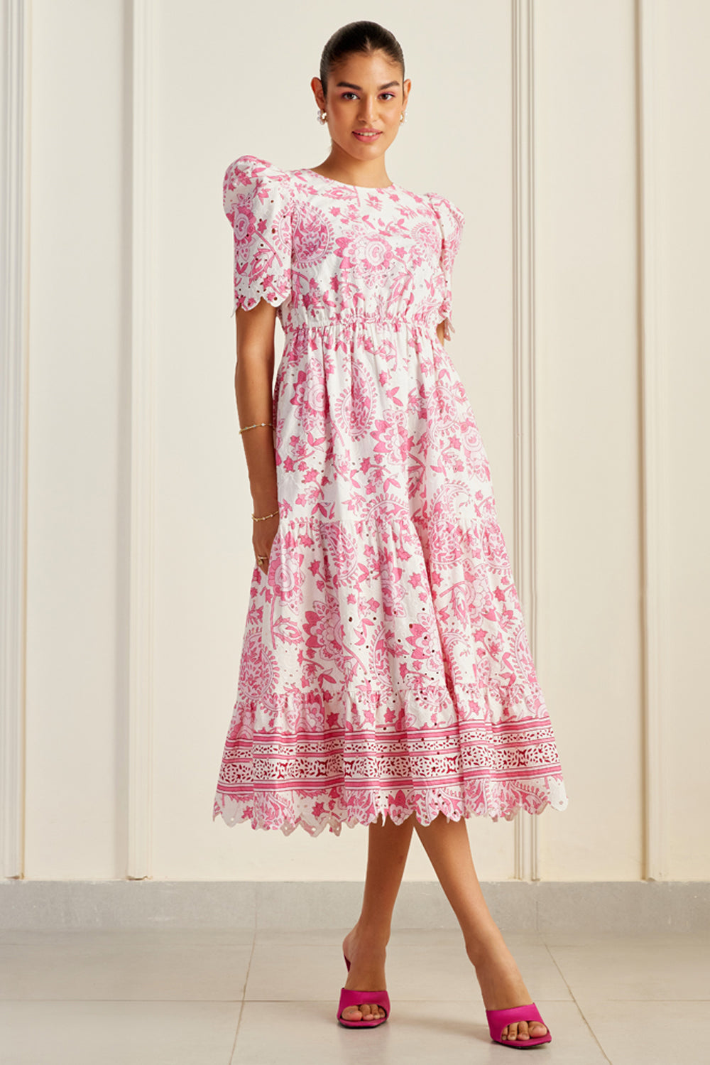 open lace back dress Romantic Floral Embroidered Tulle Midi Dress with Pink Ribbon Straps White with Pink Floral Embroidery / Floor Length / US16 main image 0