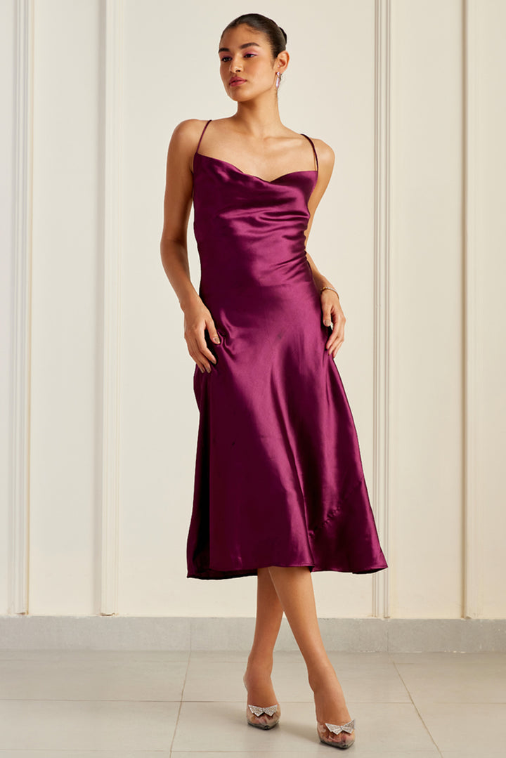 Valentina Wine Cowl Neck Mulberry Silk Dress