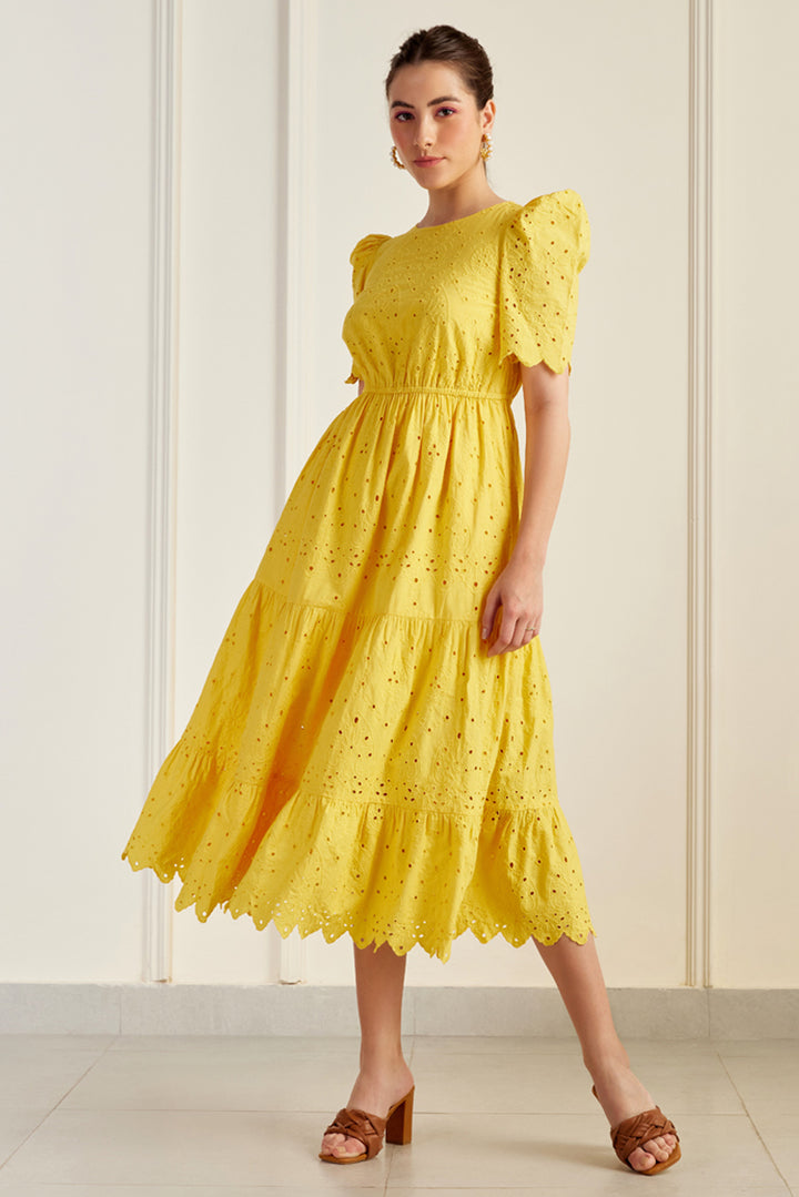Havana Canary Yellow Embroidered Midi Dress