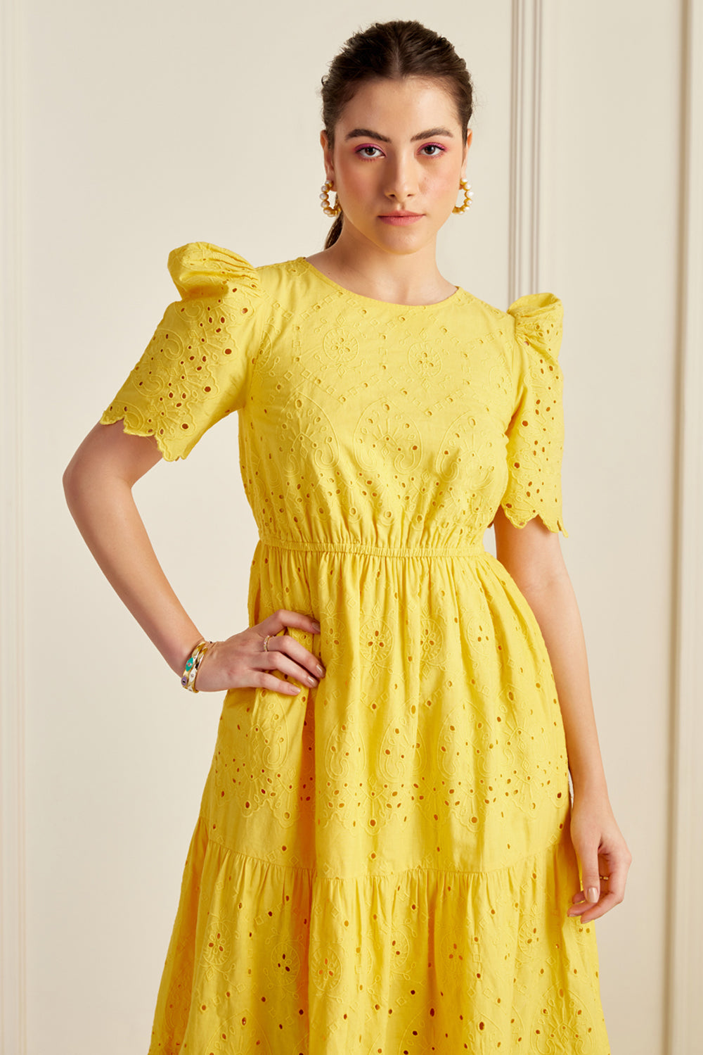 Havana Canary Yellow Embroidered Midi Dress