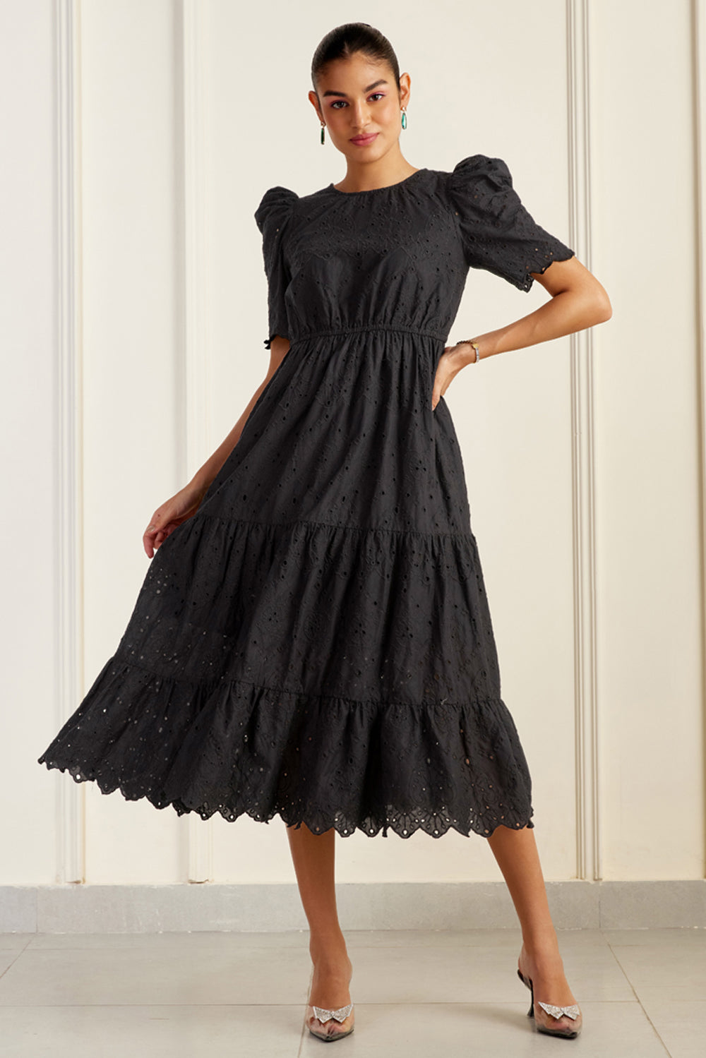 Havana Black Embroidered Midi Dress  SILKROSE