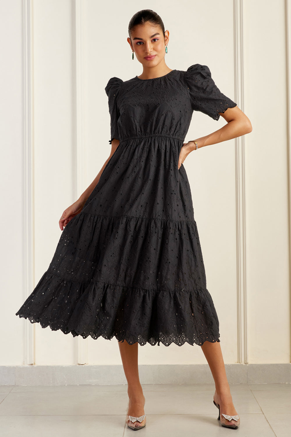 Havana Black Embroidered Midi Dress