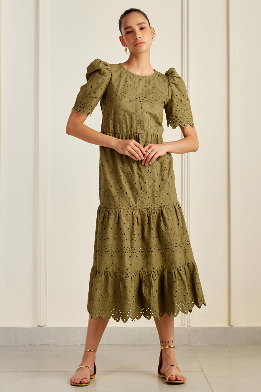 Havana Olive Embroidered Midi Dress