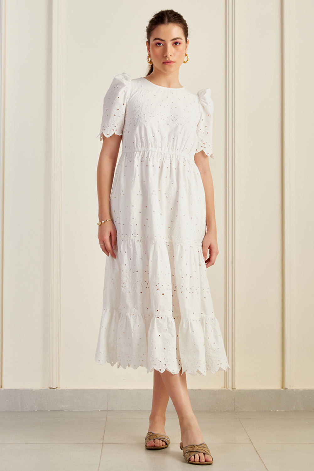 Havana White Embroidered Midi Dress