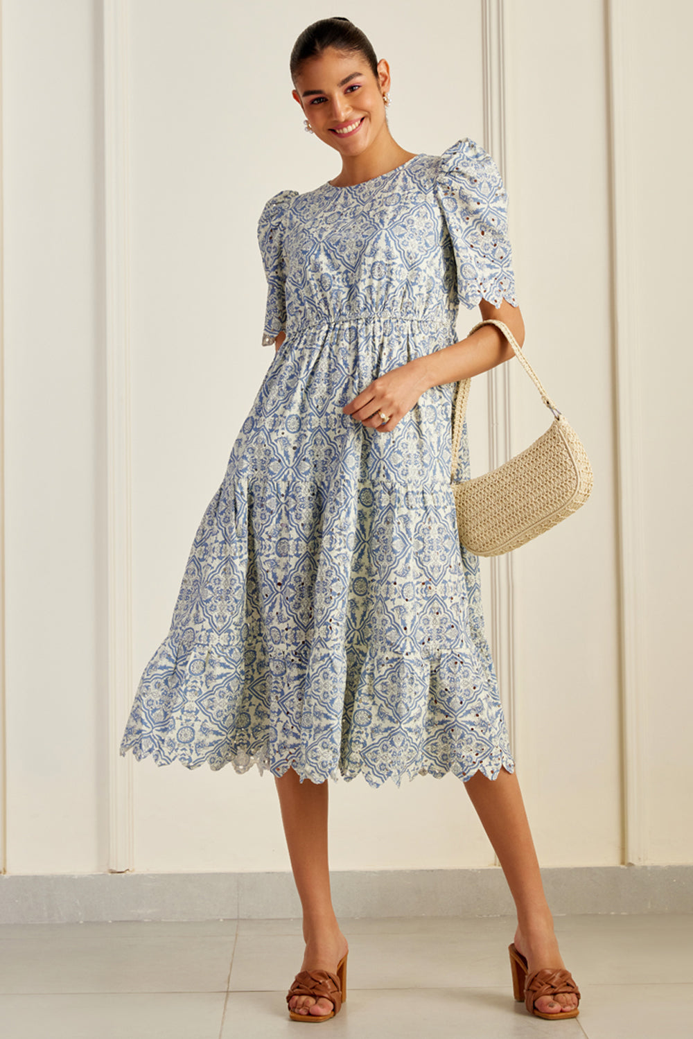 Havana Floral Blue Embroidered Midi Dress SILKROSE Havana Floral Blue Embroidered Midi Dress SILKROSE