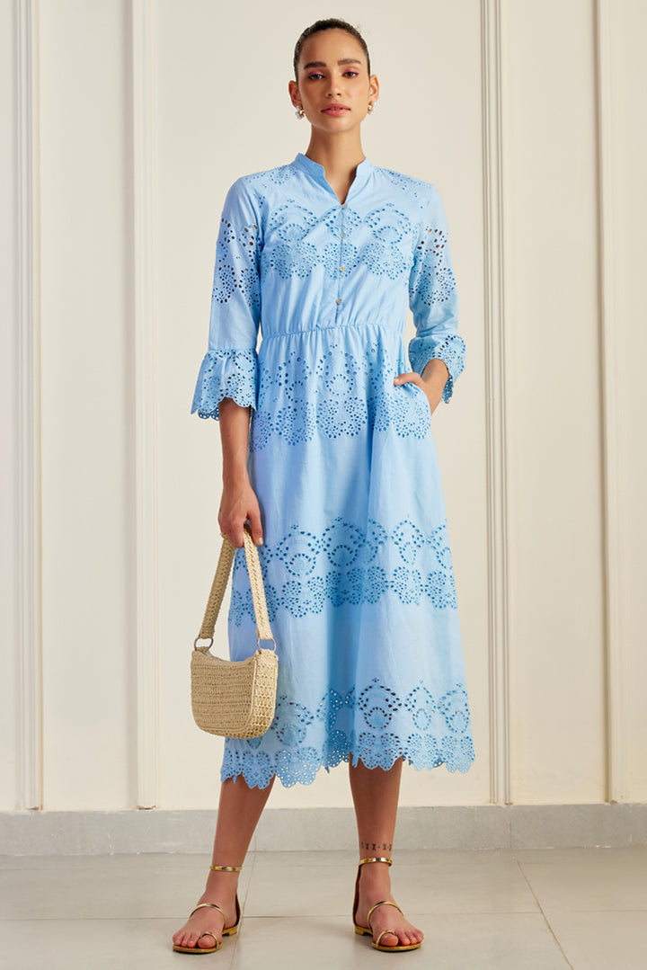 Ascot Blue Broderie Anglaise Midi Dress