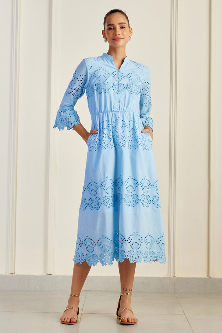 Ascot Blue Broderie Anglaise Midi Dress