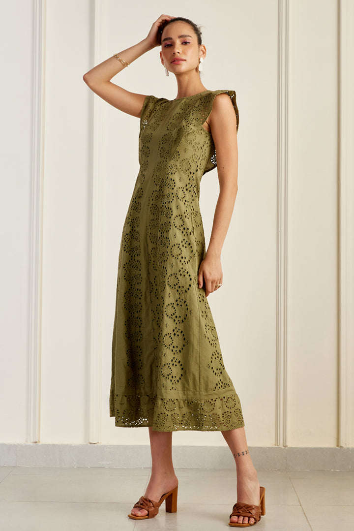 Udaipur Olive Broderie Anglaise Dress