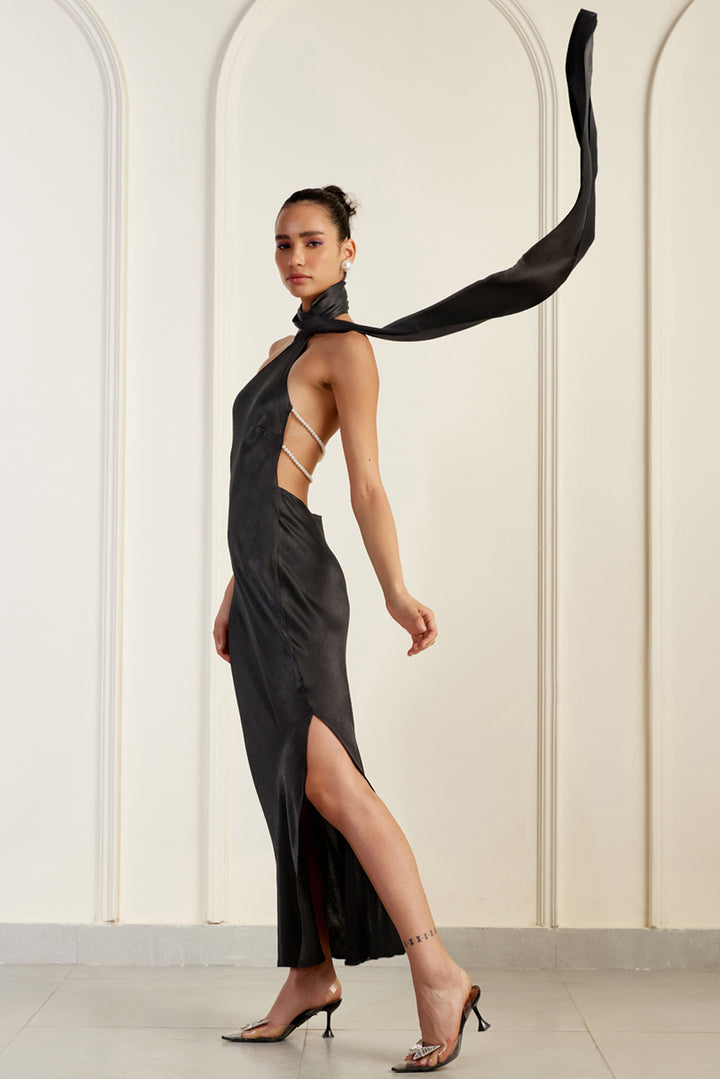 Roma Black One-Shoulder Scarf Silk Dress