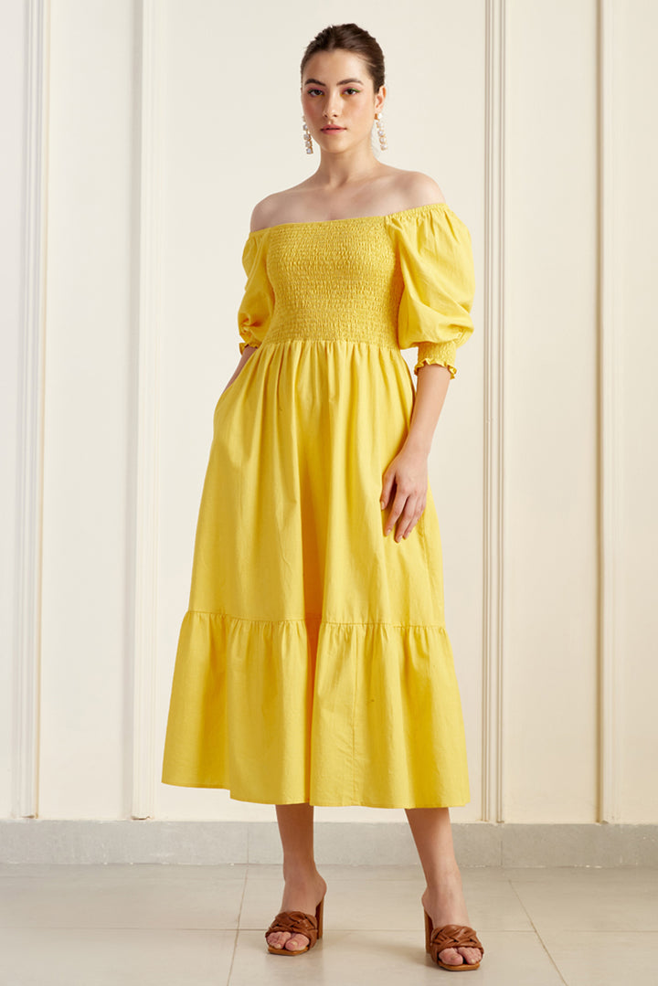 Provence Yellow On/Off Shoulder Shirred Dress