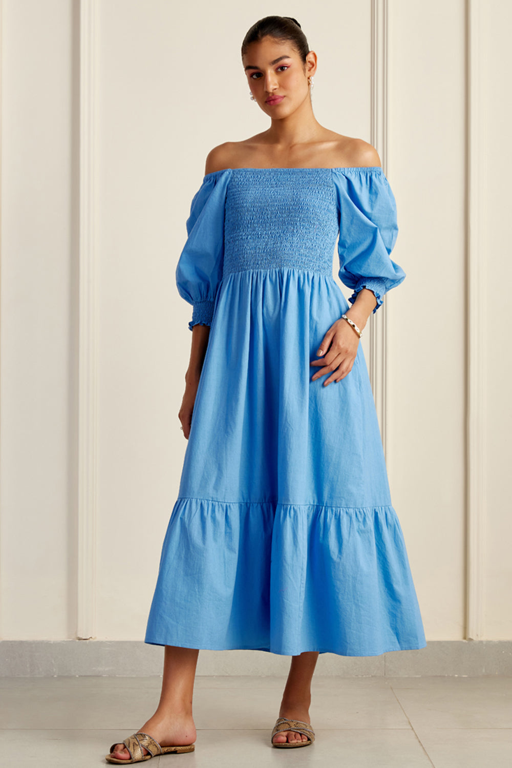 Provence Bleu On/Off Shoulder Shirred Dress