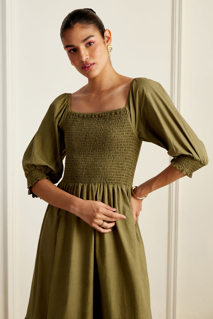 Provence Olive On/Off Shoulder Shirred Dress