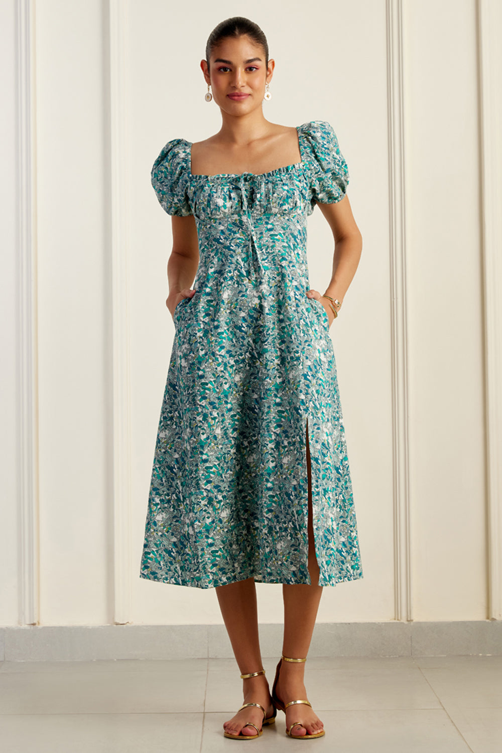 Green Bardot Sleeve Midi Slit Dress SILKROSE Green Bardot Sleeve Midi Slit Dress SILKROSE
