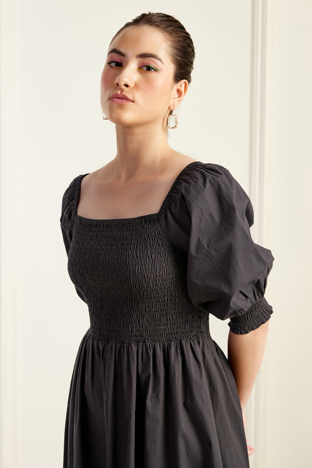 Provence On/Off Shoulder Shirred Dress Black