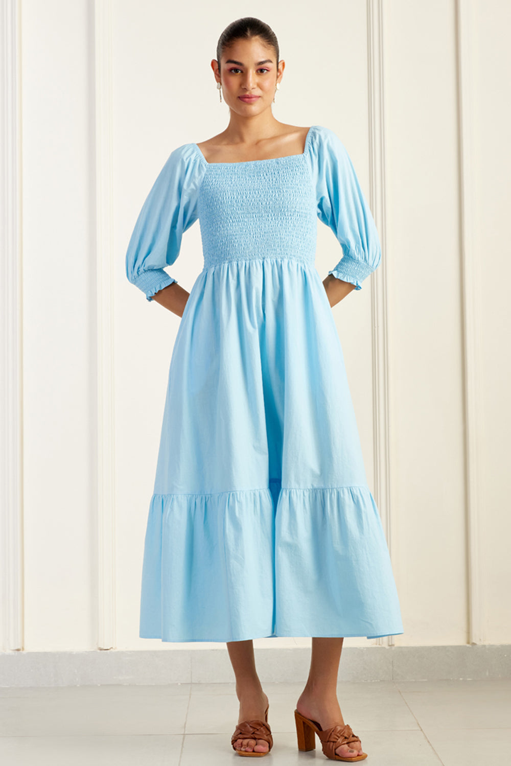 Provence On/Off Shoulder Shirred Dress Blue SILKROSE Provence On/Off Shoulder Shirred Dress Blue SILKROSE