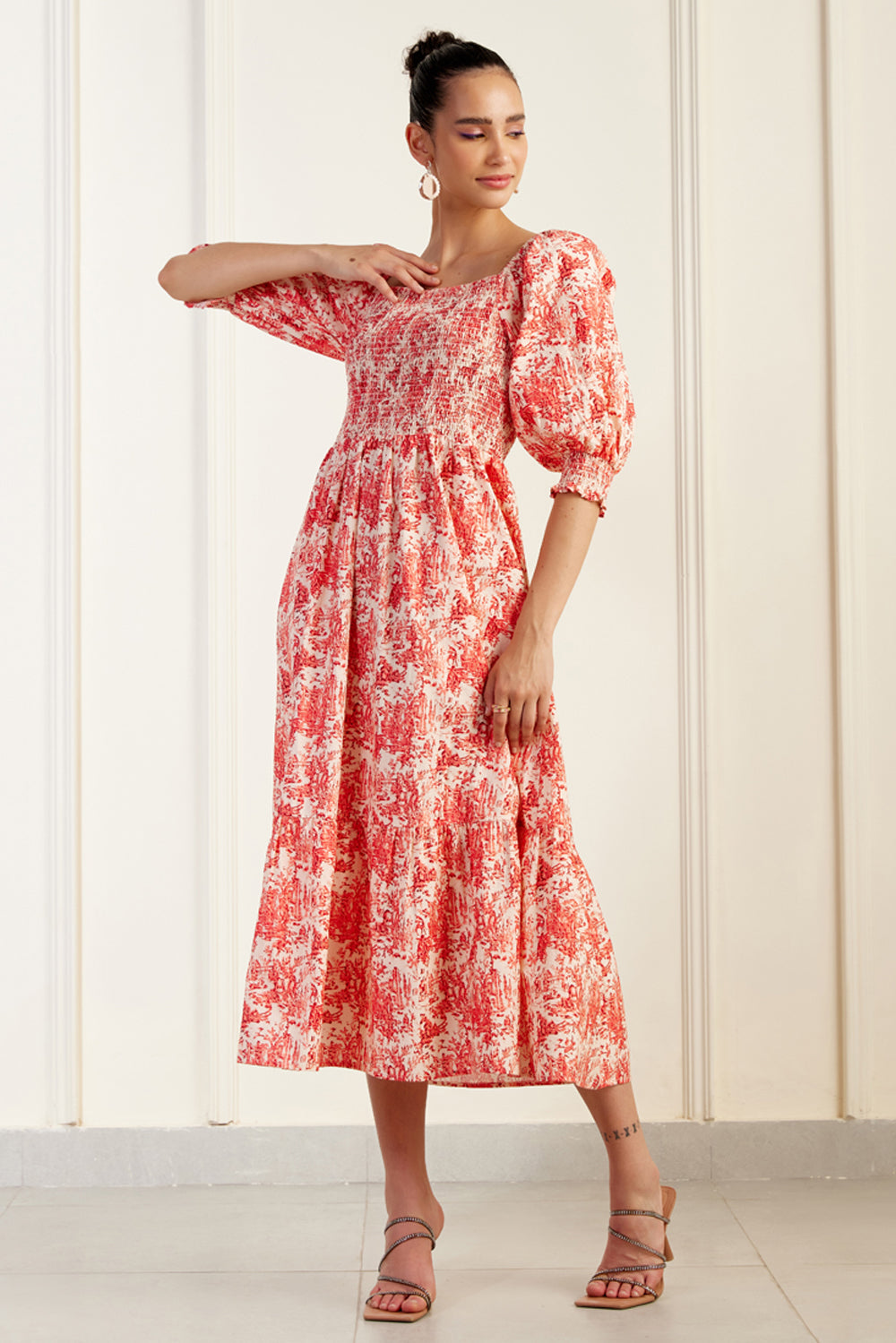 Provence Chinoiserie On/Off Shoulder Shirred Dress – SILKROSE