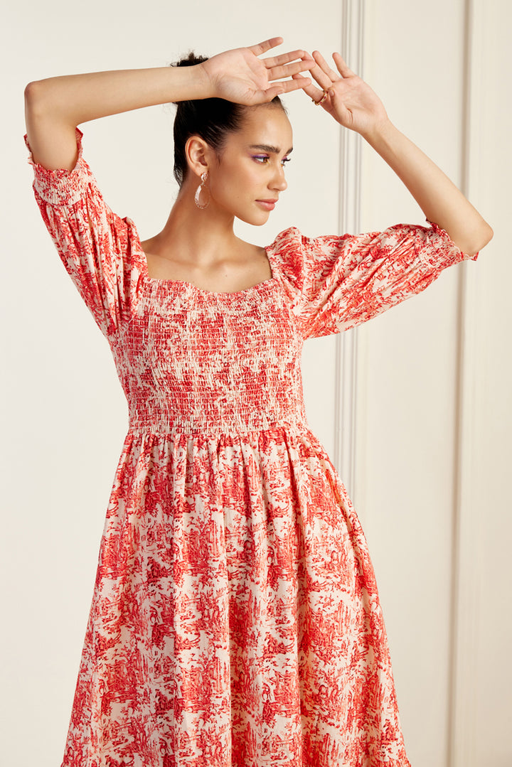 Provence Chinoiserie On/Off Shoulder Shirred Dress