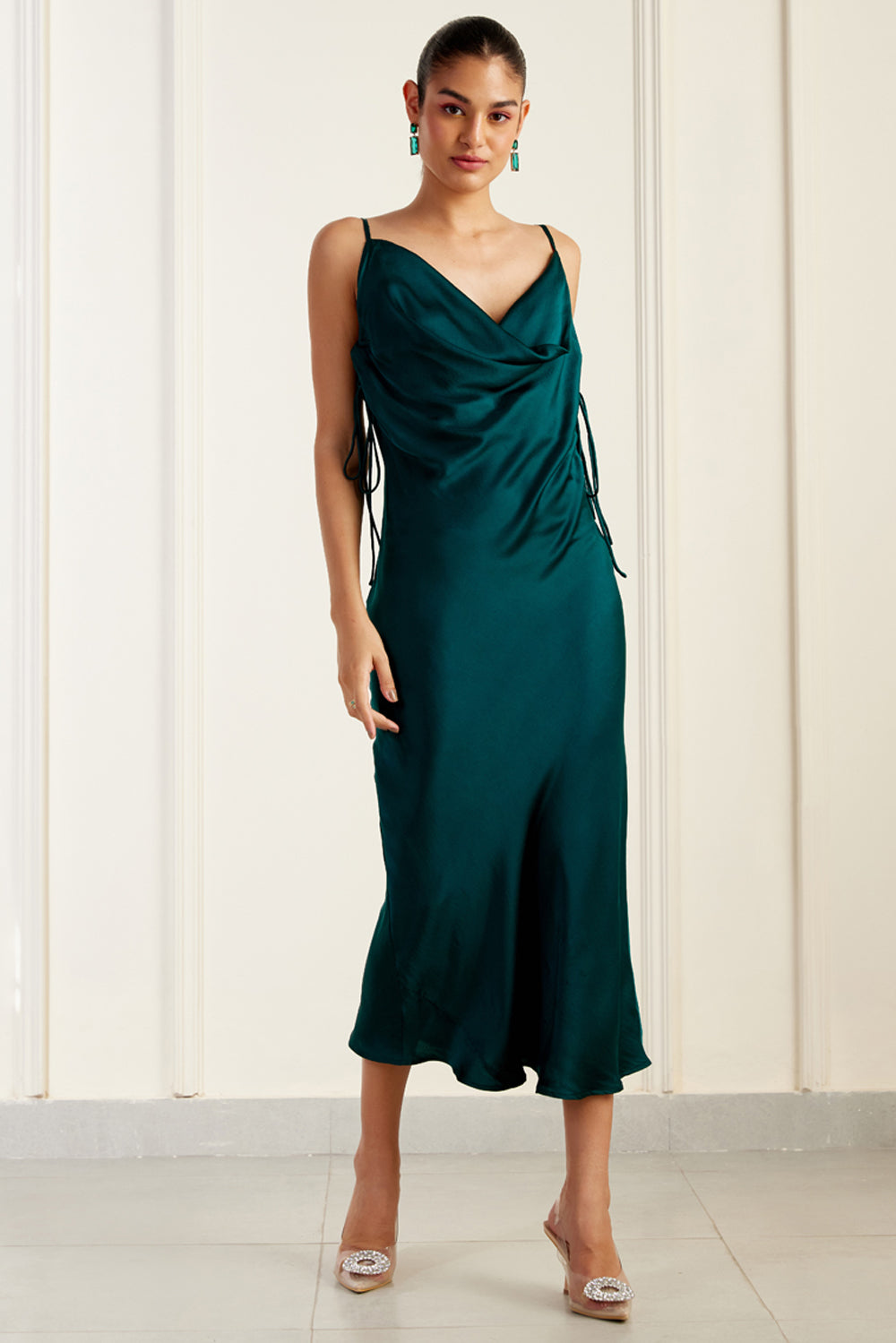 Emerald Cowl Neck Mulberry Silk Midi Dress