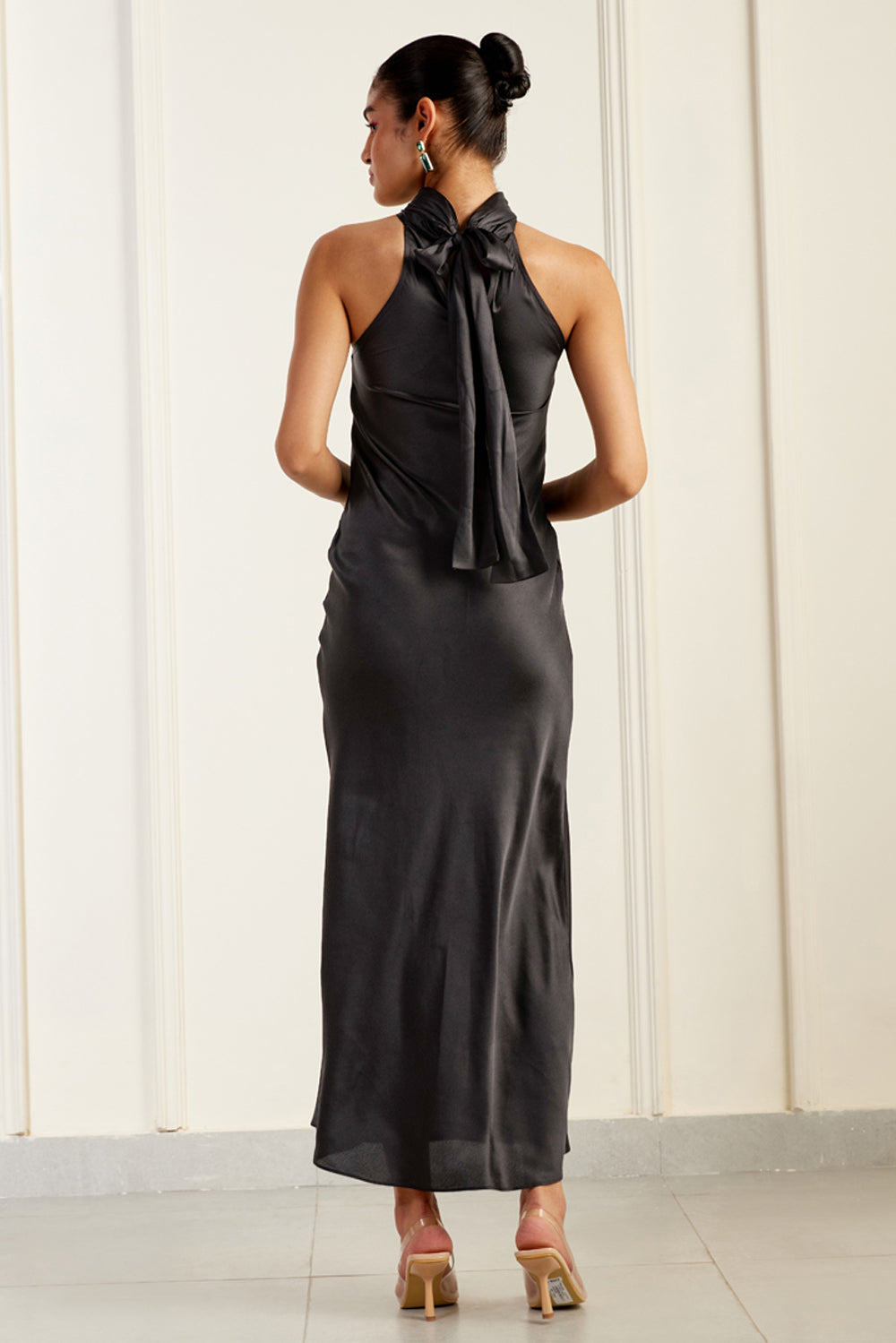 Black Halter-neck High Collar Scarf Silk Dress