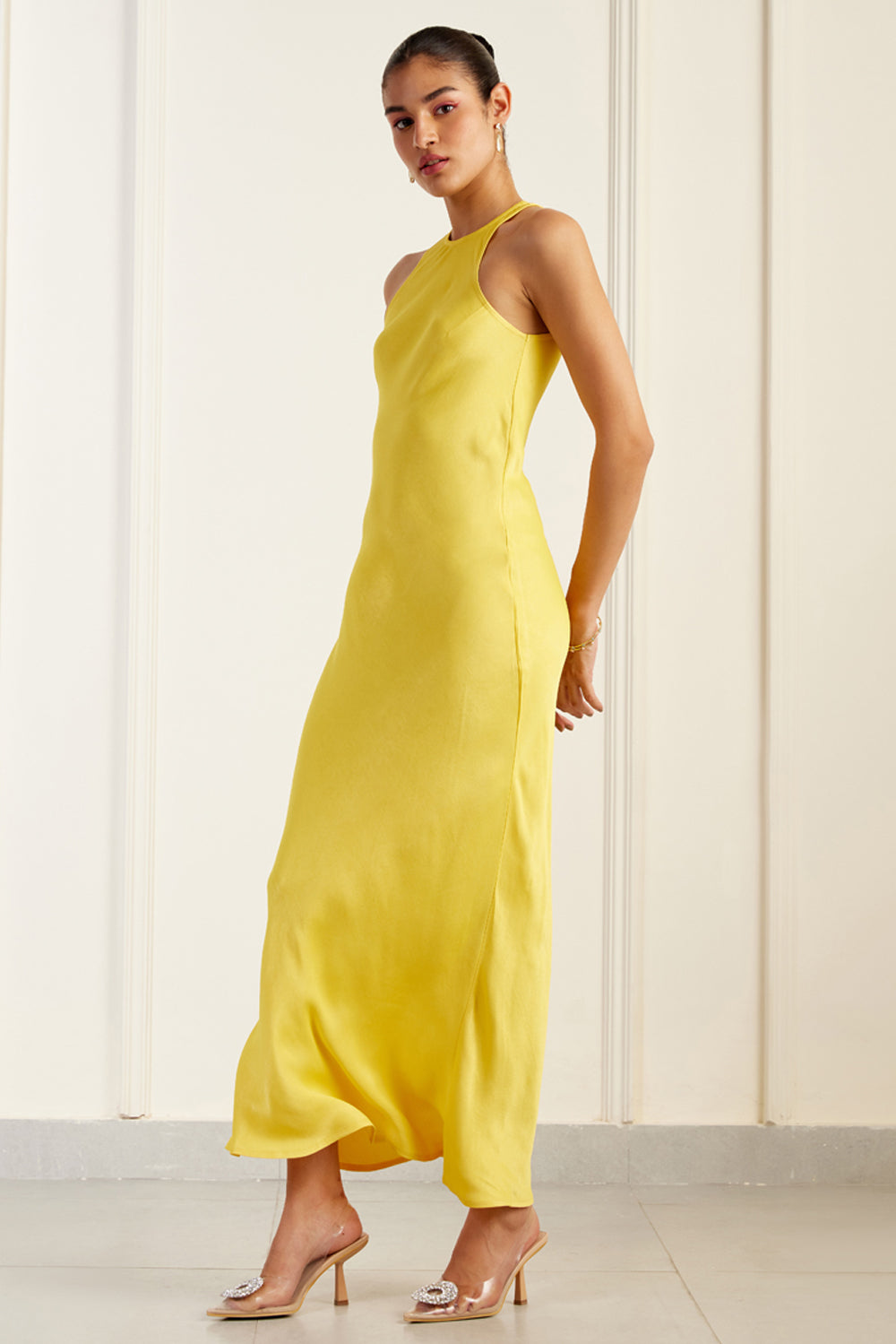 Clean Halter-Neck Yellow Silk Sheath Dress