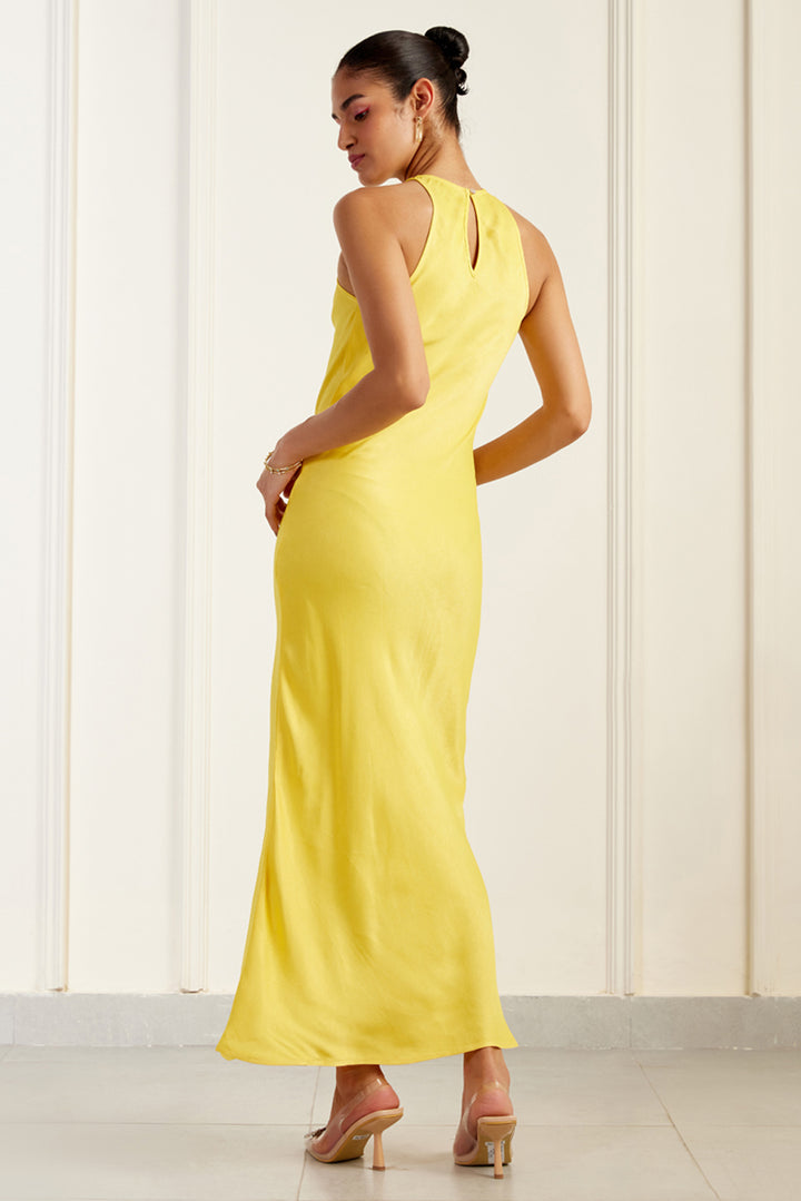 Clean Halter-Neck Yellow Silk Sheath Dress