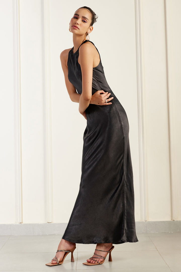 Clean Halter-Neck Black Silk Sheath Dress