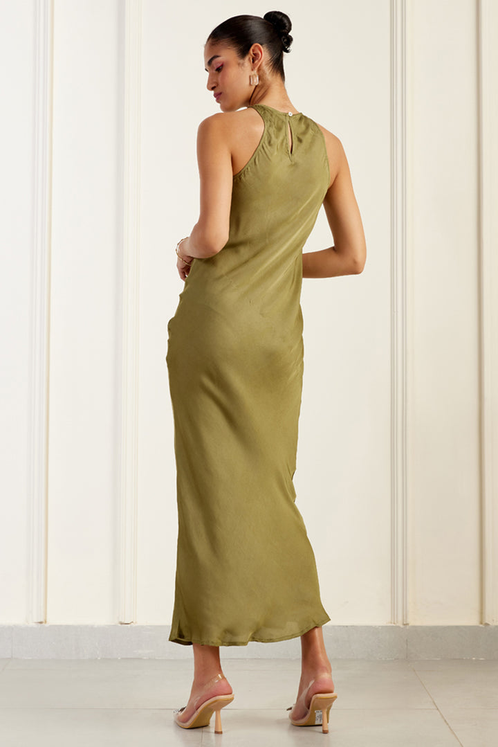 Clean Halter-Neck Olive Silk Sheath Dress