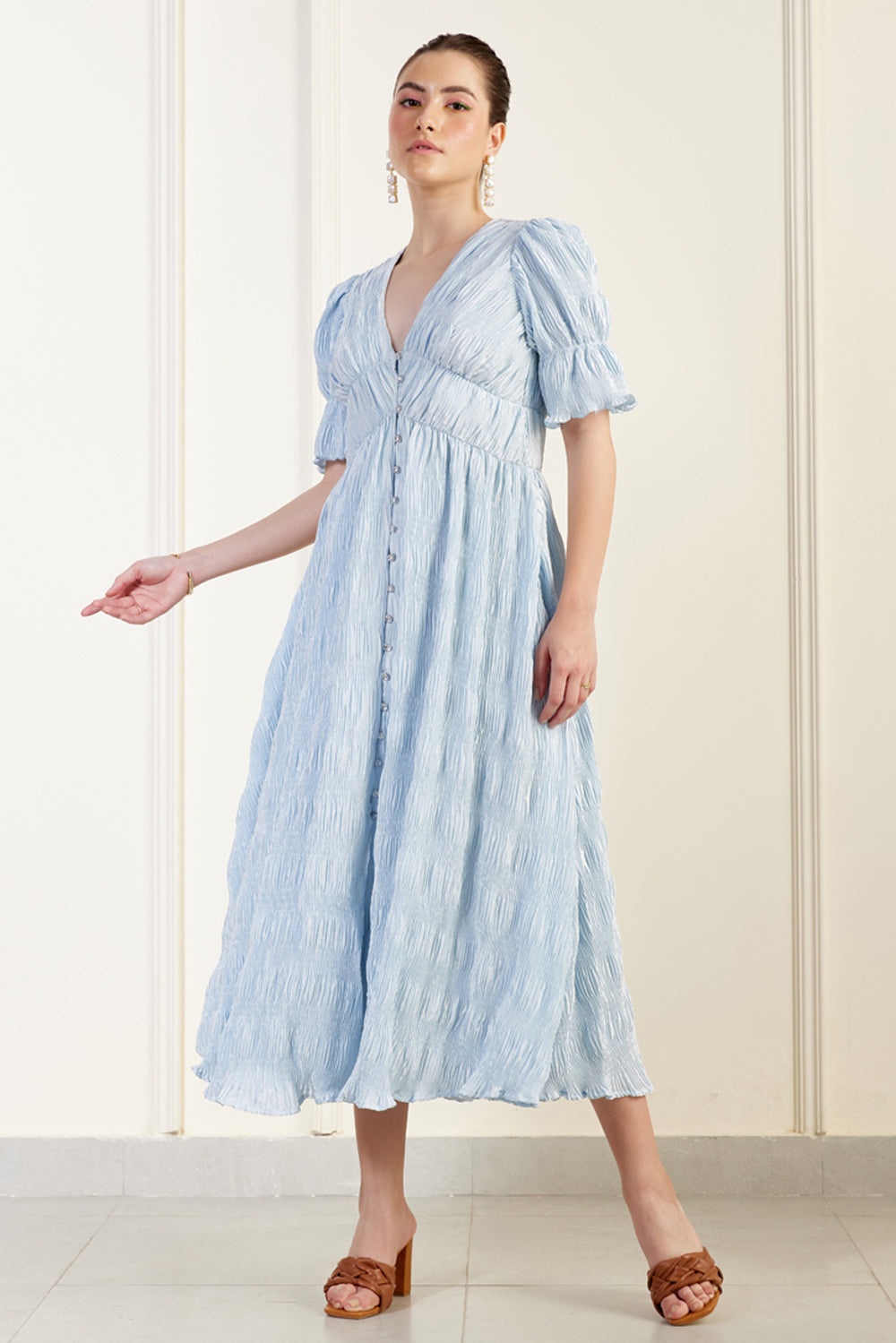 plisse shirt dress Plisse Cinched Sleeve Shirt Dress Blue – SILKROSE