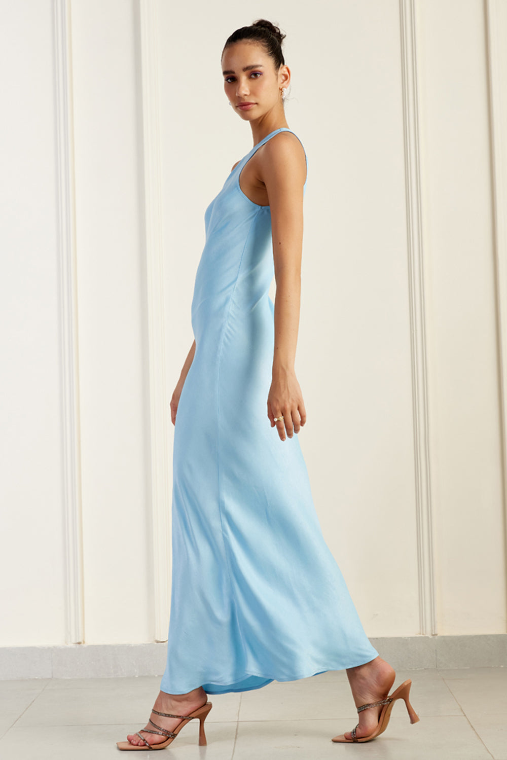 Clean Halter-Neck Airy Blue Silk Sheath Dress