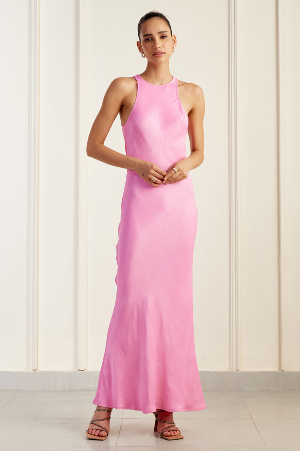 Clean Halter-Neck Pink Silk Sheath Dress
