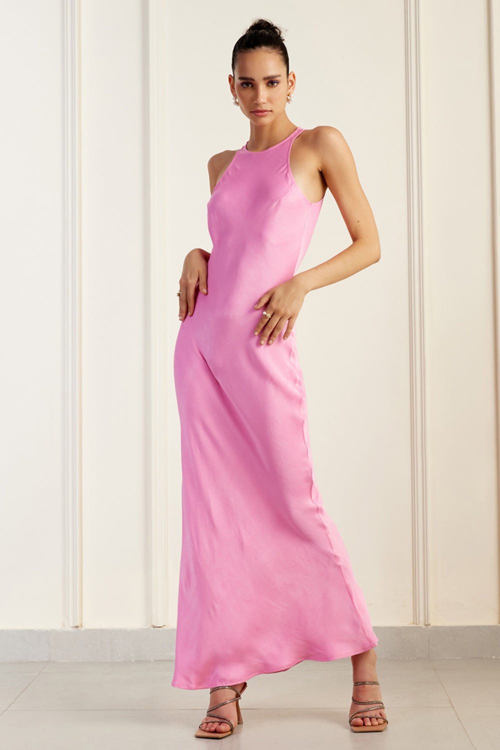 Clean Halter-Neck Pink Silk Sheath Dress