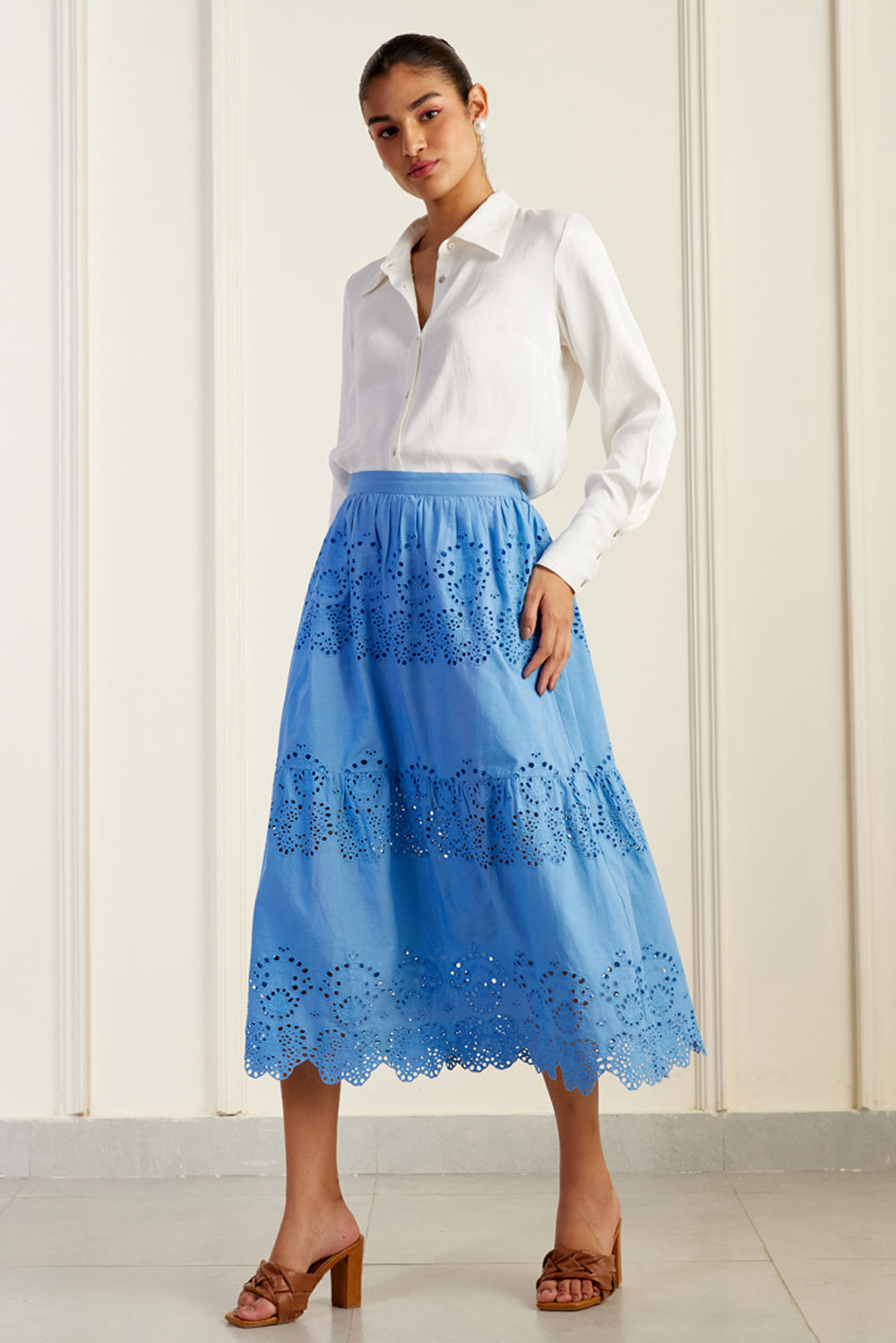 Ascot Bleu Embroidered Midi Skirt
