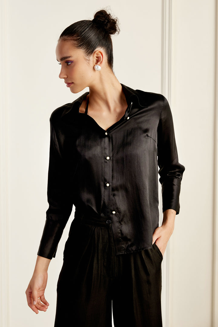 Fitted Pearl Button Black Mulberry Silk Shirt