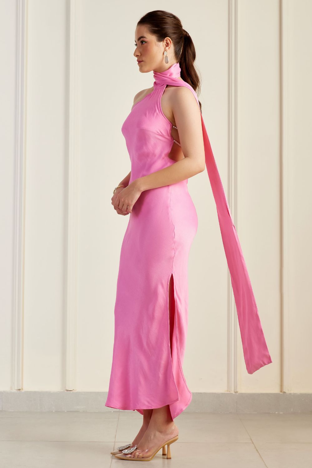 Roma Pink One-Shoulder Scarf Silk Dress