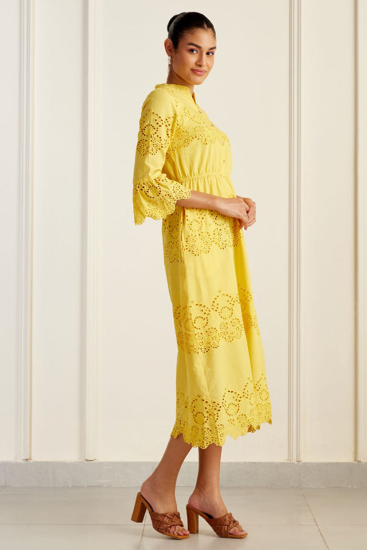 Ascot Yellow Broderie Anglaise Midi Dress