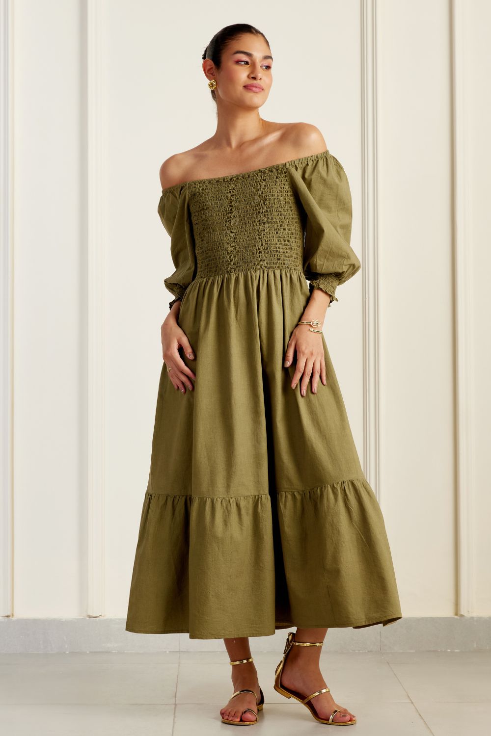 Provence Olive On/Off Shoulder Shirred Dress SILKROSE Provence Olive On/Off Shoulder Shirred Dress SILKROSE