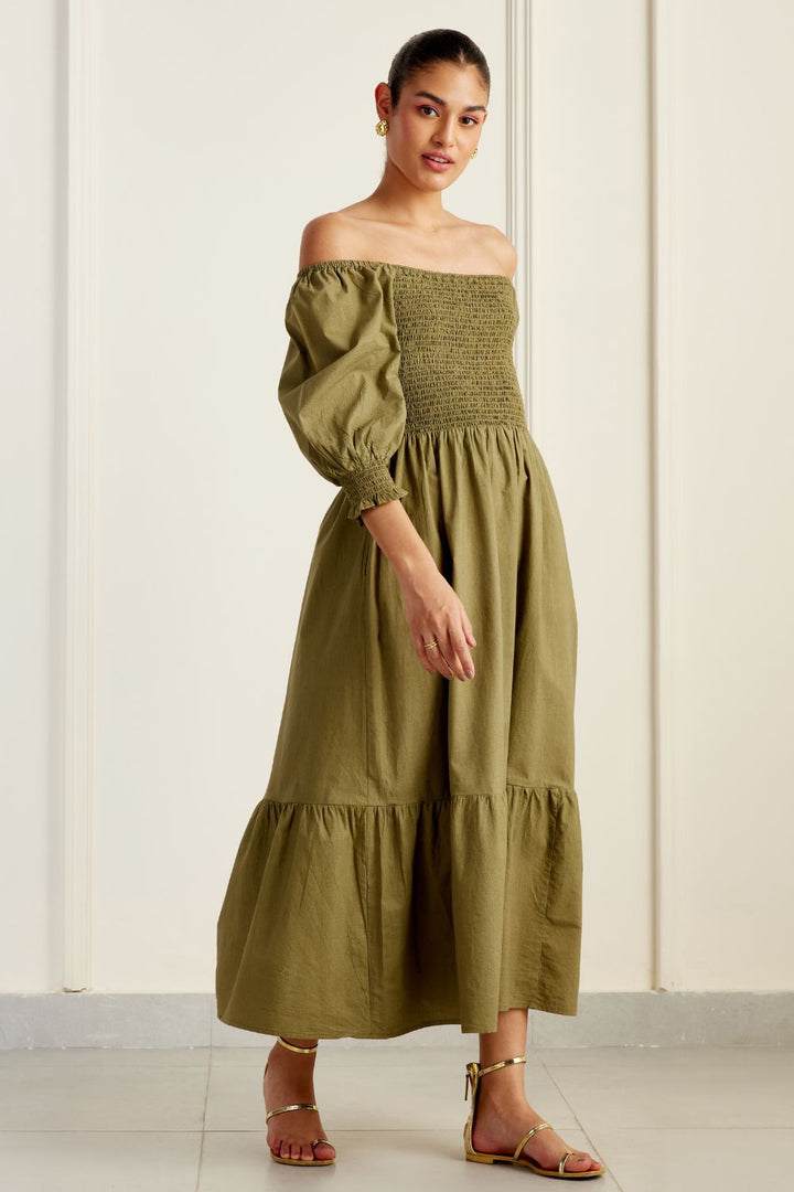 Provence Olive On/Off Shoulder Shirred Dress