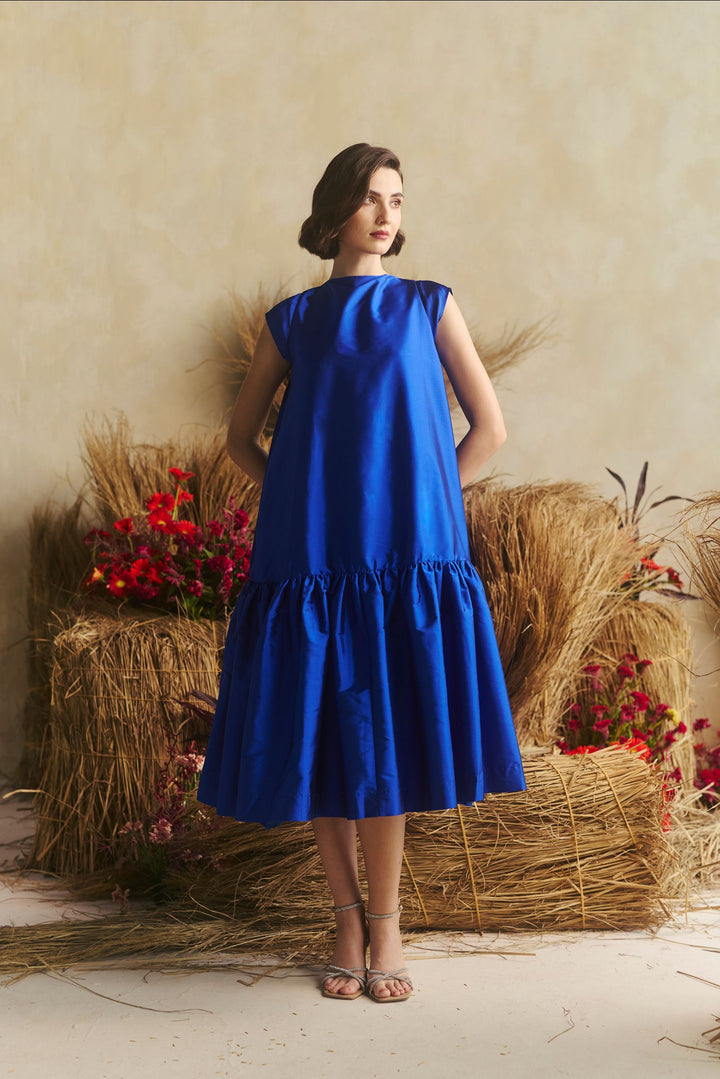 Audrey Bloom Blue Dress with Cap Sleeves