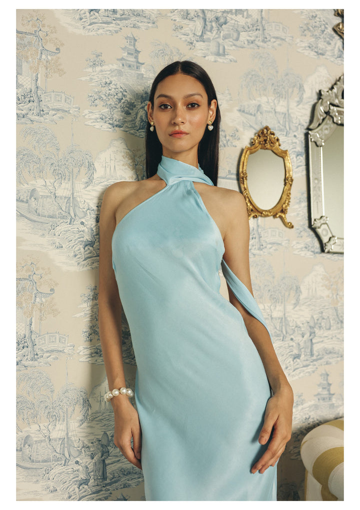 Roma Airy Blue One-Shoulder Scarf Silk Dress