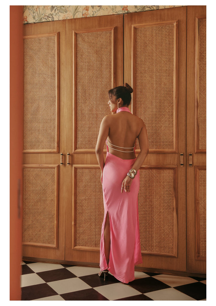 Roma Pink One-Shoulder Scarf Silk Dress
