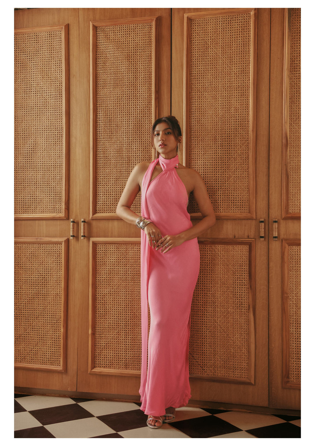 Roma Pink One-Shoulder Scarf Silk Dress