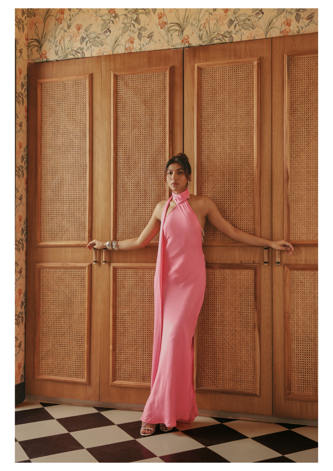 Roma Pink One-Shoulder Scarf Silk Dress SILKROSE Roma Pink One-Shoulder Scarf Silk Dress SILKROSE