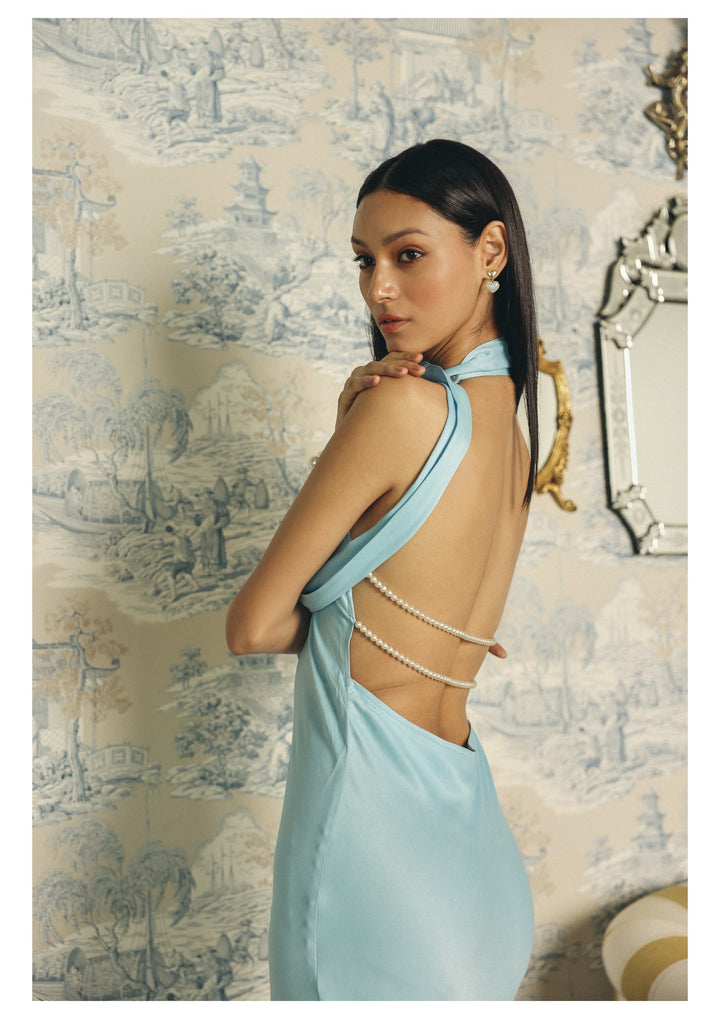 Roma Airy Blue One-Shoulder Scarf Silk Dress
