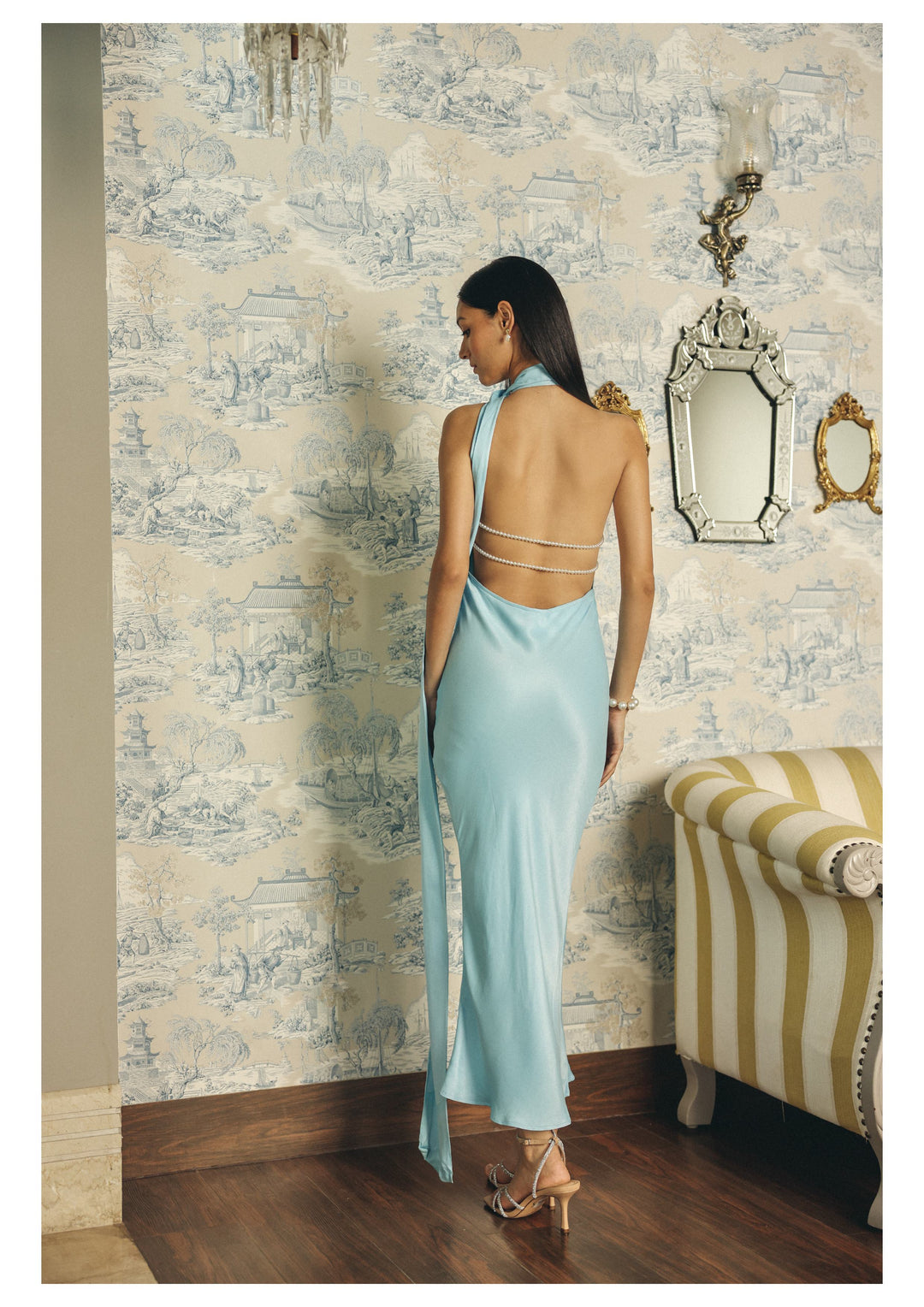 Roma Airy Blue One-Shoulder Scarf Silk Dress SILKROSE Roma Airy Blue One-Shoulder Scarf Silk Dress SILKROSE