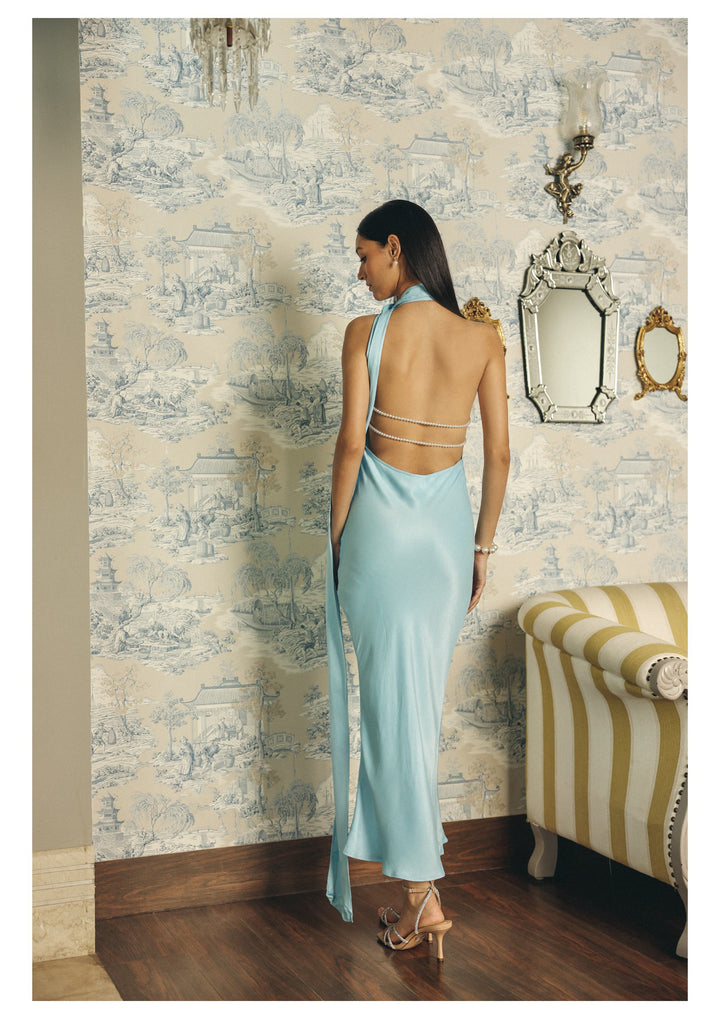 Roma Airy Blue One-Shoulder Scarf Silk Dress