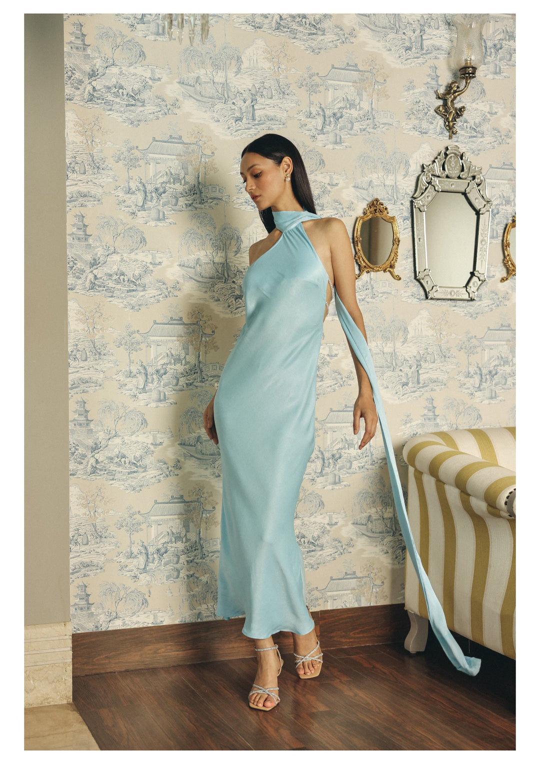 Roma Airy Blue One-Shoulder Scarf Silk Dress SILKROSE Roma Airy Blue One-Shoulder Scarf Silk Dress SILKROSE