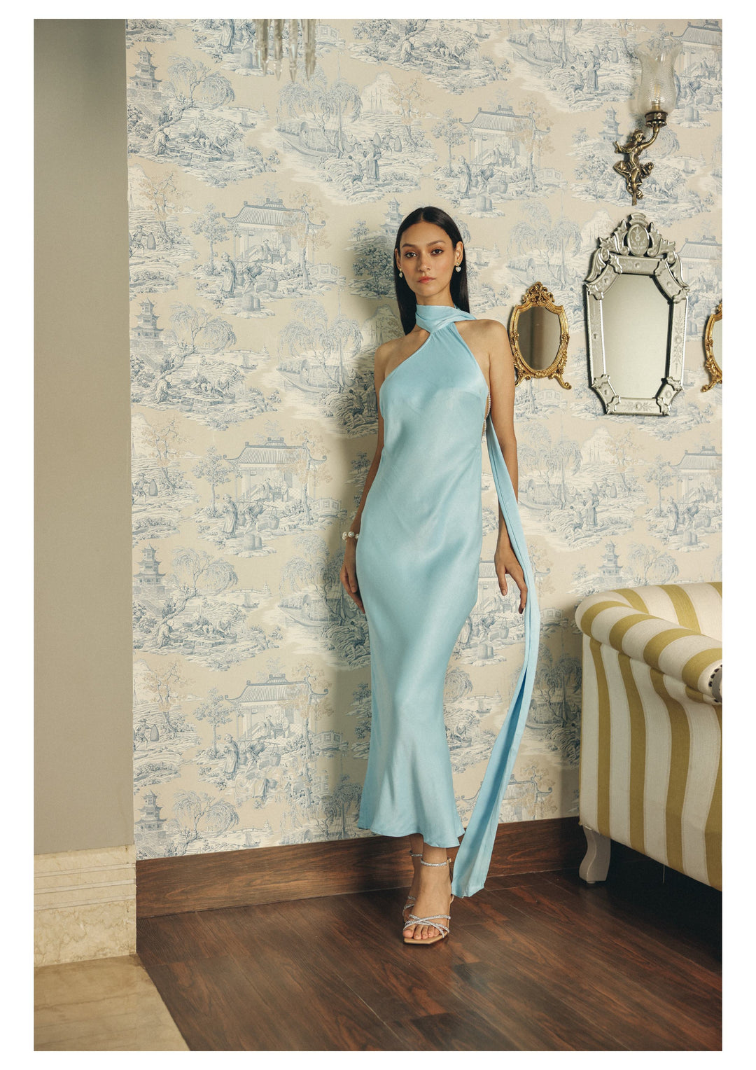 Roma Airy Blue One-Shoulder Scarf Silk Dress
