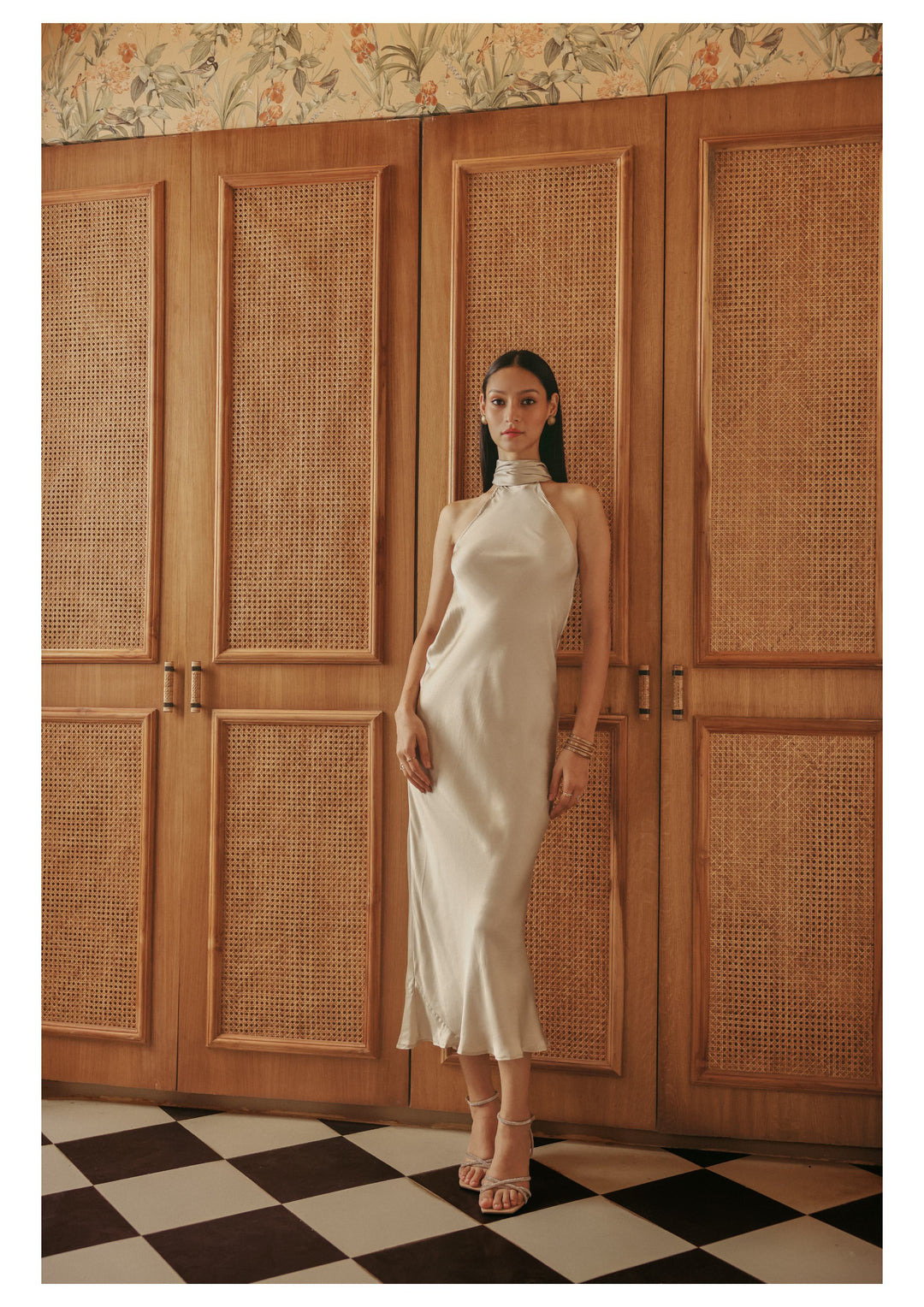 white silk dress with scarf Ivory Halter-neck Scarf Mulberry Silk Dress SILKROSE
