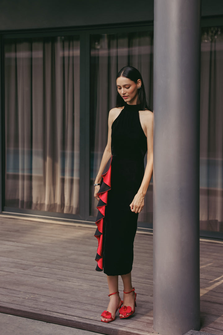 Crimson Ruffle Column Dress
