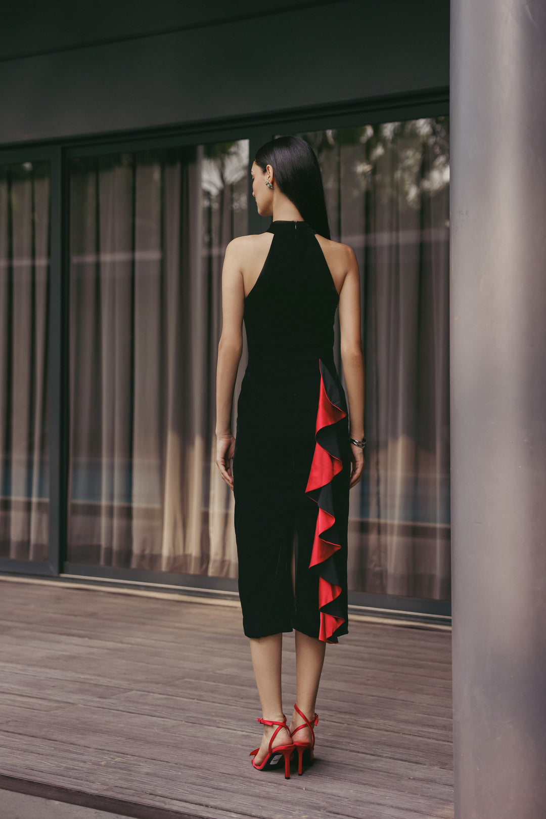 Crimson Ruffle Column Dress